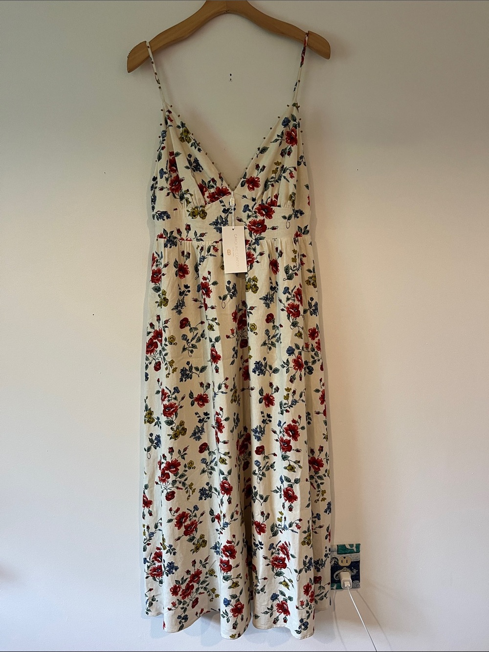 NWT Caroline Constas Cream Maxi Dress with Red & Blue Floral Print Size Small